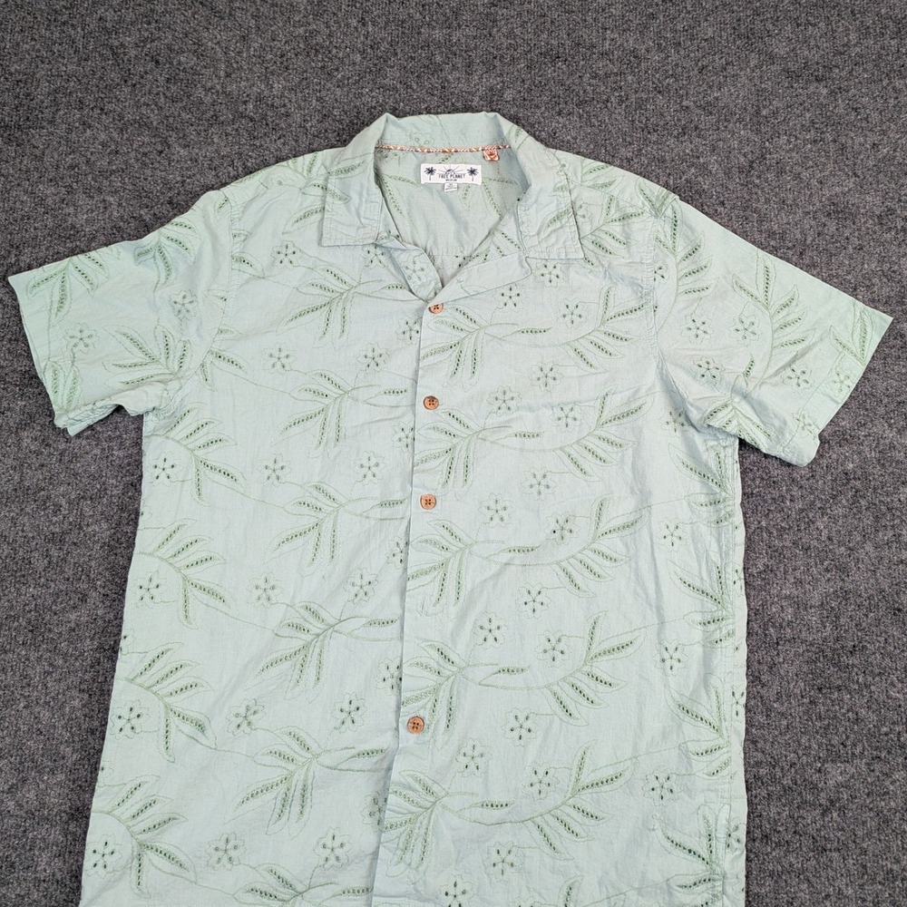 Free Planet Mens Medium Green Cotton‎ Embroidered Eyelet Short Sleeve Camp Shirt
